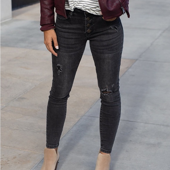 Grace & Lace New Button Fly Faded Black Distressed Repurposed Denim size 14 - Picture 1 of 6